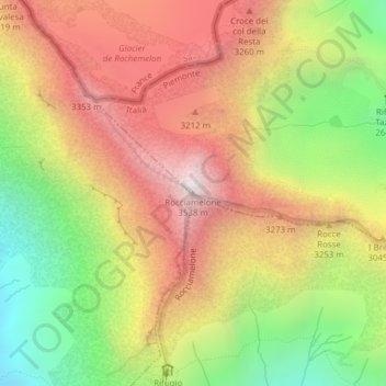 Rocciameloneの地形図、標高、地勢