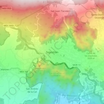 Tepoztlánの地形図、標高、地勢