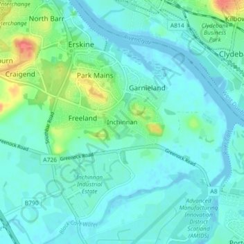 Inchinnanの地形図、標高、地勢