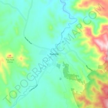 Nundleの地形図、標高、地勢