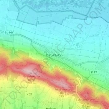 Nettelstedtの地形図、標高、地勢