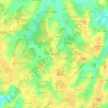 Droisellesの地形図、標高、地勢