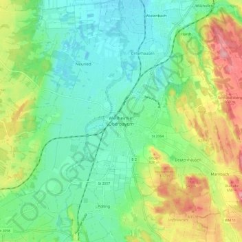Weilheim in Oberbayernの地形図、標高、地勢