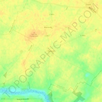 Prunevilleの地形図、標高、地勢