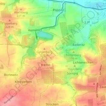 Neusornzigの地形図、標高、地勢