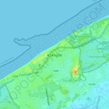 Coxyde-les-Bainsの地形図、標高、地勢