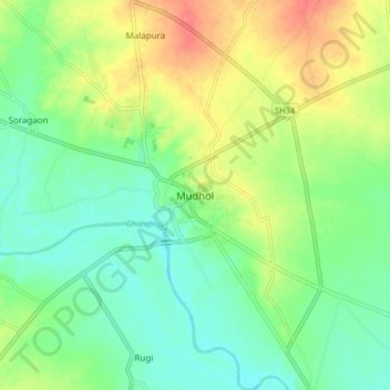 Mudholの地形図、標高、地勢