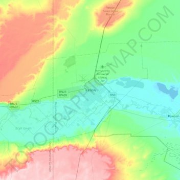 Trelewの地形図、標高、地勢