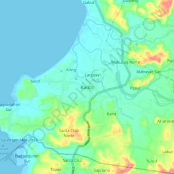 Badocの地形図、標高、地勢