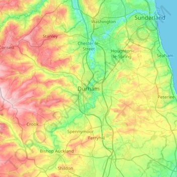 Durhamの地形図、標高、地勢