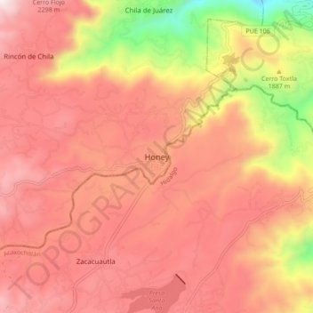 Honeyの地形図、標高、地勢