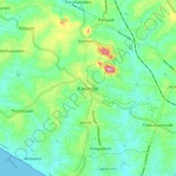 Karungalの地形図、標高、地勢