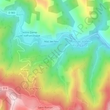 Moissacの地形図、標高、地勢