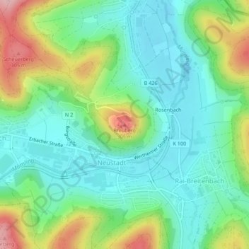 Breubergの地形図、標高、地勢