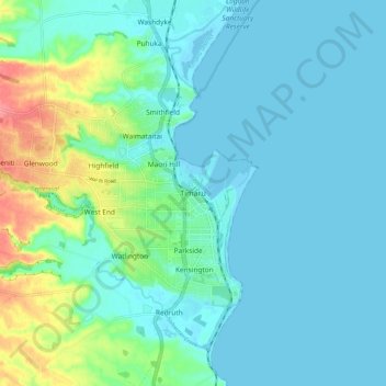 Timaruの地形図、標高、地勢