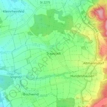 Traustadtの地形図、標高、地勢