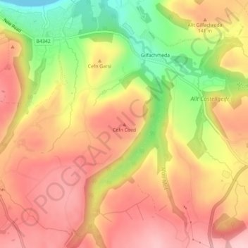 Cefn Coedの地形図、標高、地勢