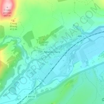 Newtonmoreの地形図、標高、地勢