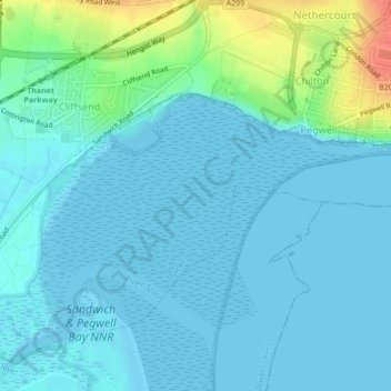 Pegwell Bayの地形図、標高、地勢