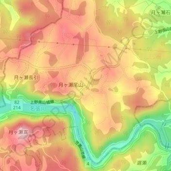 月ヶ瀬の地形図、標高、地勢