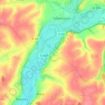 Bohériesの地形図、標高、地勢