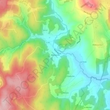 Menteyresの地形図、標高、地勢