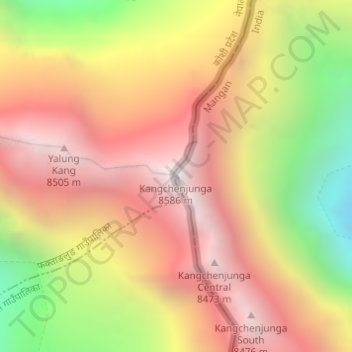 Kangchendzöngaの地形図、標高、地勢