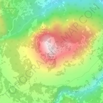 Bunsen Peakの地形図、標高、地勢