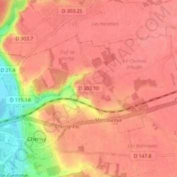 Ravilleの地形図、標高、地勢