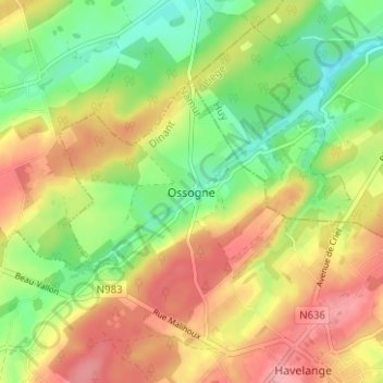 Ossogneの地形図、標高、地勢
