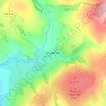 Rhydlewisの地形図、標高、地勢