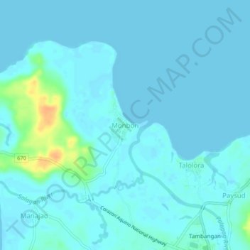 Monbonの地形図、標高、地勢