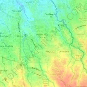 Queens Row Centralの地形図、標高、地勢