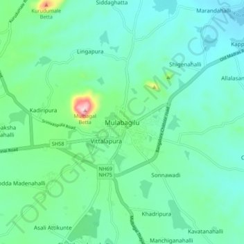Mulabagiluの地形図、標高、地勢