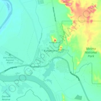 Kununurraの地形図、標高、地勢
