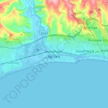 Shoreham-by-Seaの地形図、標高、地勢