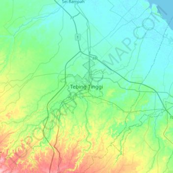 Tebing Tinggiの地形図、標高、地勢