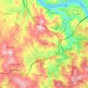 Sandimの地形図、標高、地勢