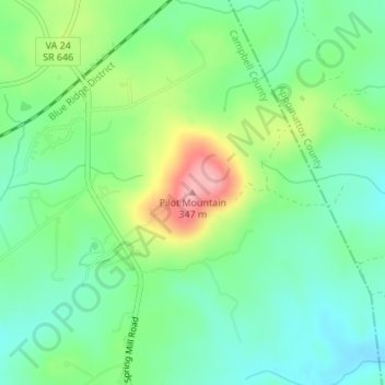 Pilot Mountainの地形図、標高、地勢