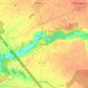 Blandyの地形図、標高、地勢