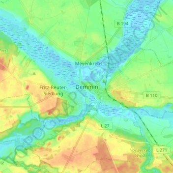 Demminの地形図、標高、地勢