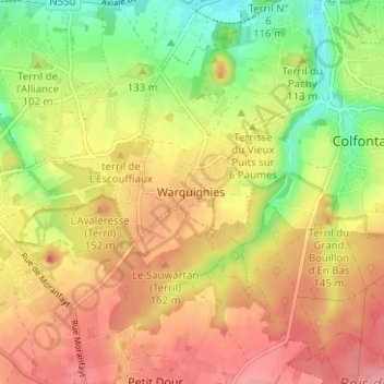Warquigniesの地形図、標高、地勢