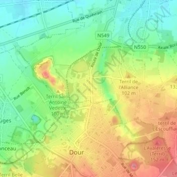 Boussu-Boisの地形図、標高、地勢