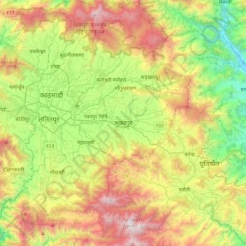 バクタプルの地形図、標高、地勢