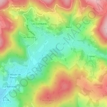 Les Fougeretsの地形図、標高、地勢