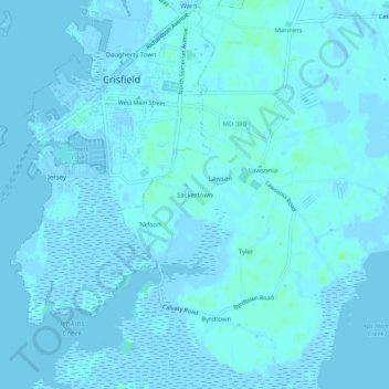 Sackertownの地形図、標高、地勢