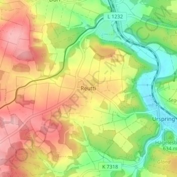 Reuttiの地形図、標高、地勢