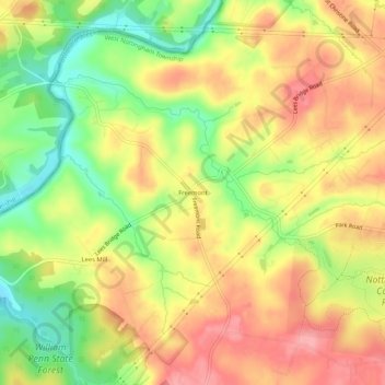 Freemontの地形図、標高、地勢