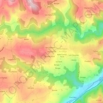 Les Cannesの地形図、標高、地勢