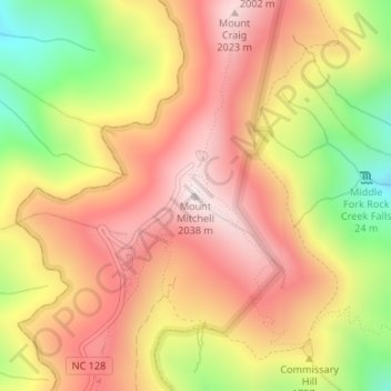 Mount Mitchellの地形図、標高、地勢